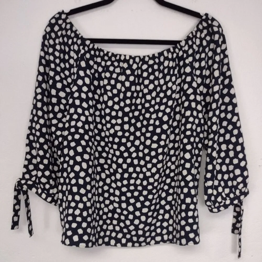 J Crew Blouse Navy/White 3/4 Tie Sleeve Elastic Neck Oversized Sz S Career
